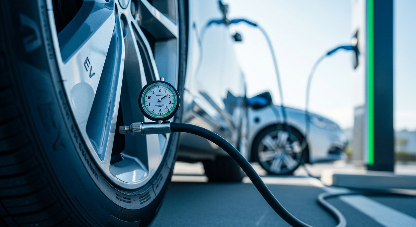 전기차 타이어에 공기압 측정기를 사용하여 공기압을 확인하는 모습