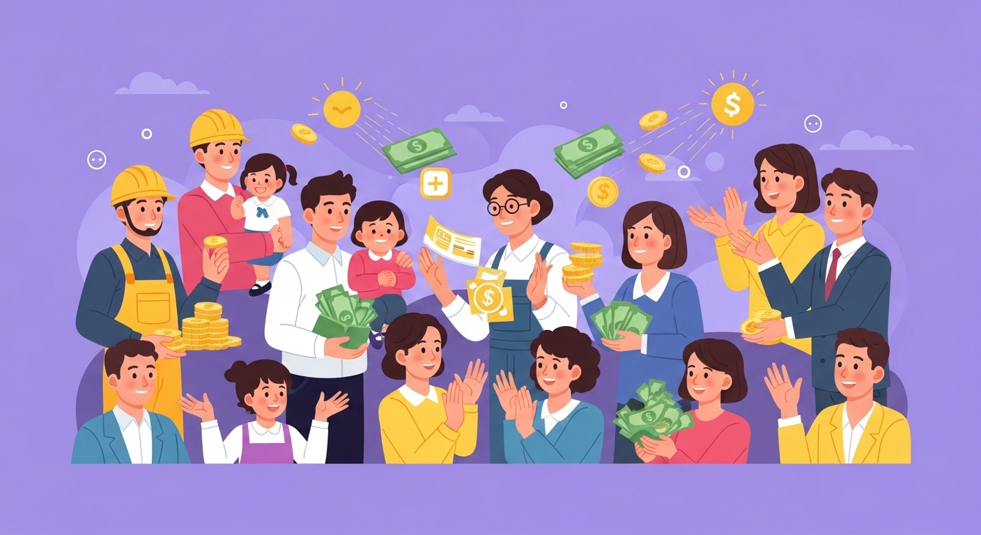 다양한 사람들이 근로장려금과 자녀장려금 혜택을 받아 기뻐하는 모습, 포용적인 제도 확대를 상징.