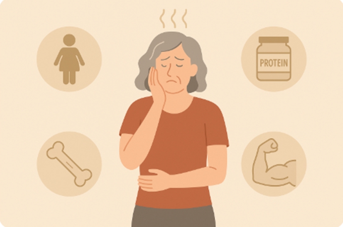 중년 여성이 단백질 식품(두부, 달걀, 콩 등)을 들고 미소 짓는 모습의 일러스트. 배경에는 폐경기 관련 건강 아이콘(뼈, 심장, 여성호르몬 상징 등)이 배치됨.
