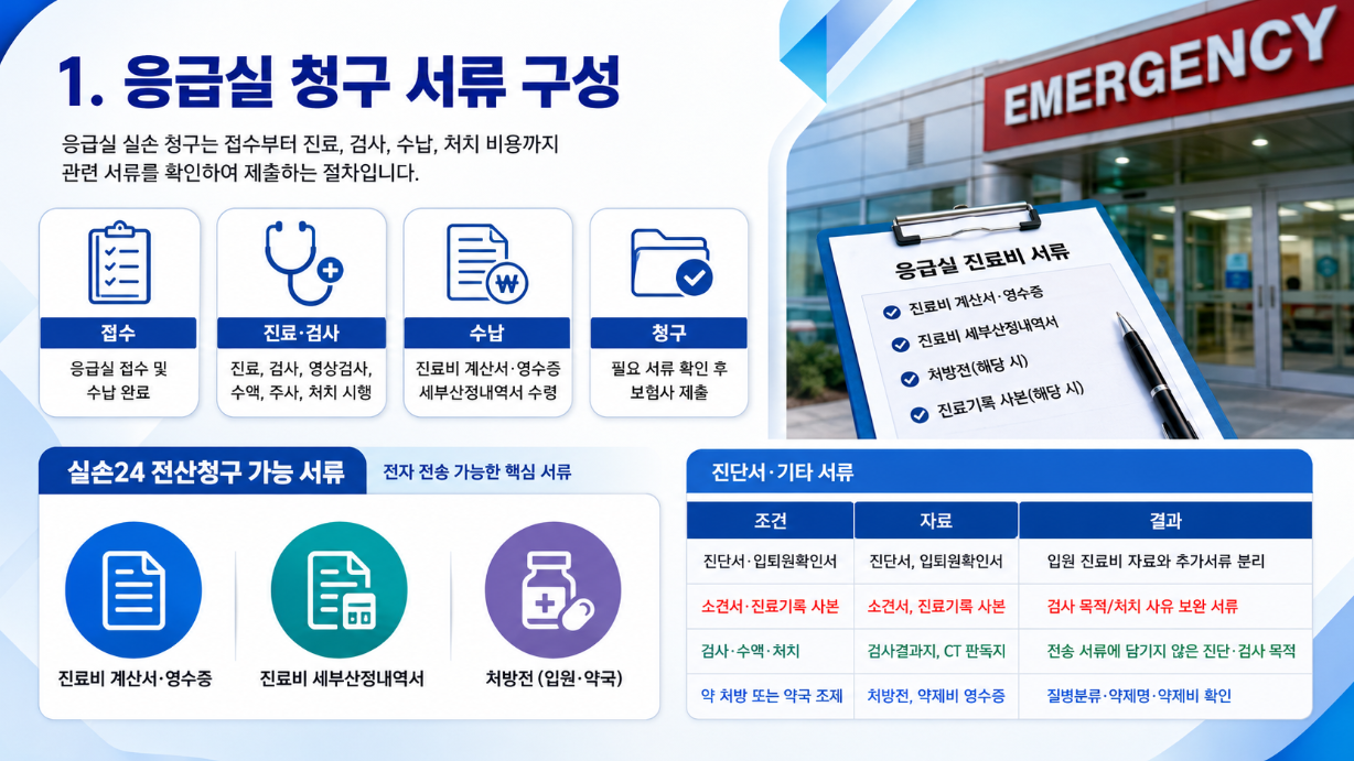 응급실 실손 청구 서류 구성과 전산청구 가능 서류, 추가 제출 서류를 정리한 16:9 한국어 인포그래픽