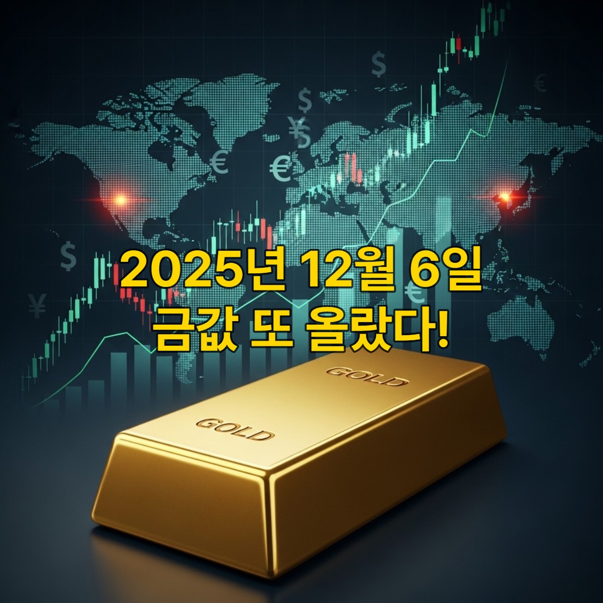 빛나는 금괴와 상승하는 주식 그래프 뒤로 보이는 불안정한 세계 경제 지도를 통해 2025년 금시세 상승과 안전자산으로서의 금 투자를 시사하는 이미지