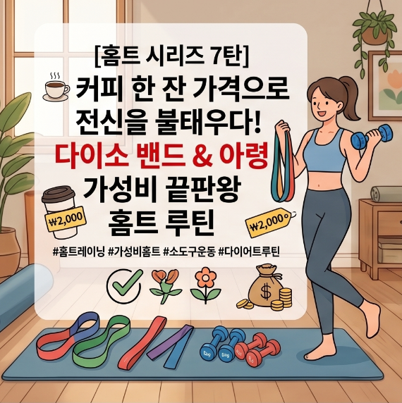 [홈트 시리즈 7탄] ☕️ 커피 한 잔 가격으로 전신을 불태우다! 다이소 밴드 &amp; 아령 가성비 끝판왕 홈트 루틴