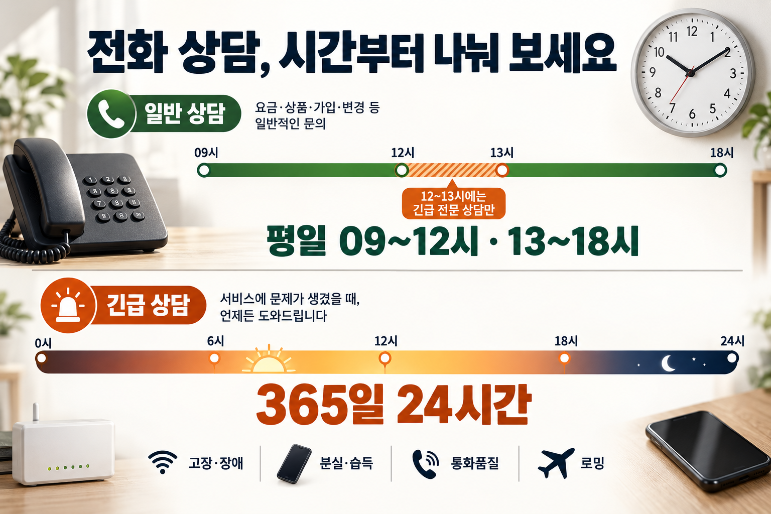 KT 일반 전화 상담은 평일 9~12시와 13~18시, 고장·분실·통화품질·로밍 상담은 365일 24시간