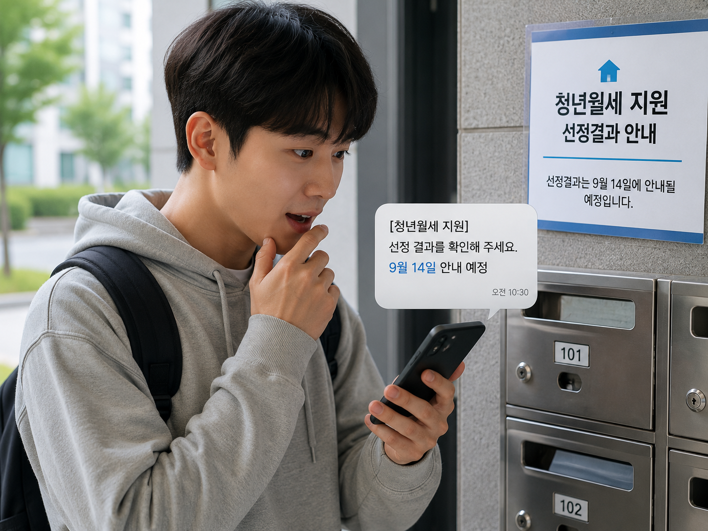 원룸 우편함 앞에서 선정결과 문자를 확인하는 청년