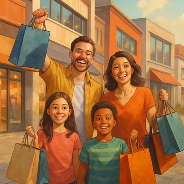 경제 회복을 주제로 한 소비 활성화 개념의 밝고 생동감 있는 현실적 일러스트레이션