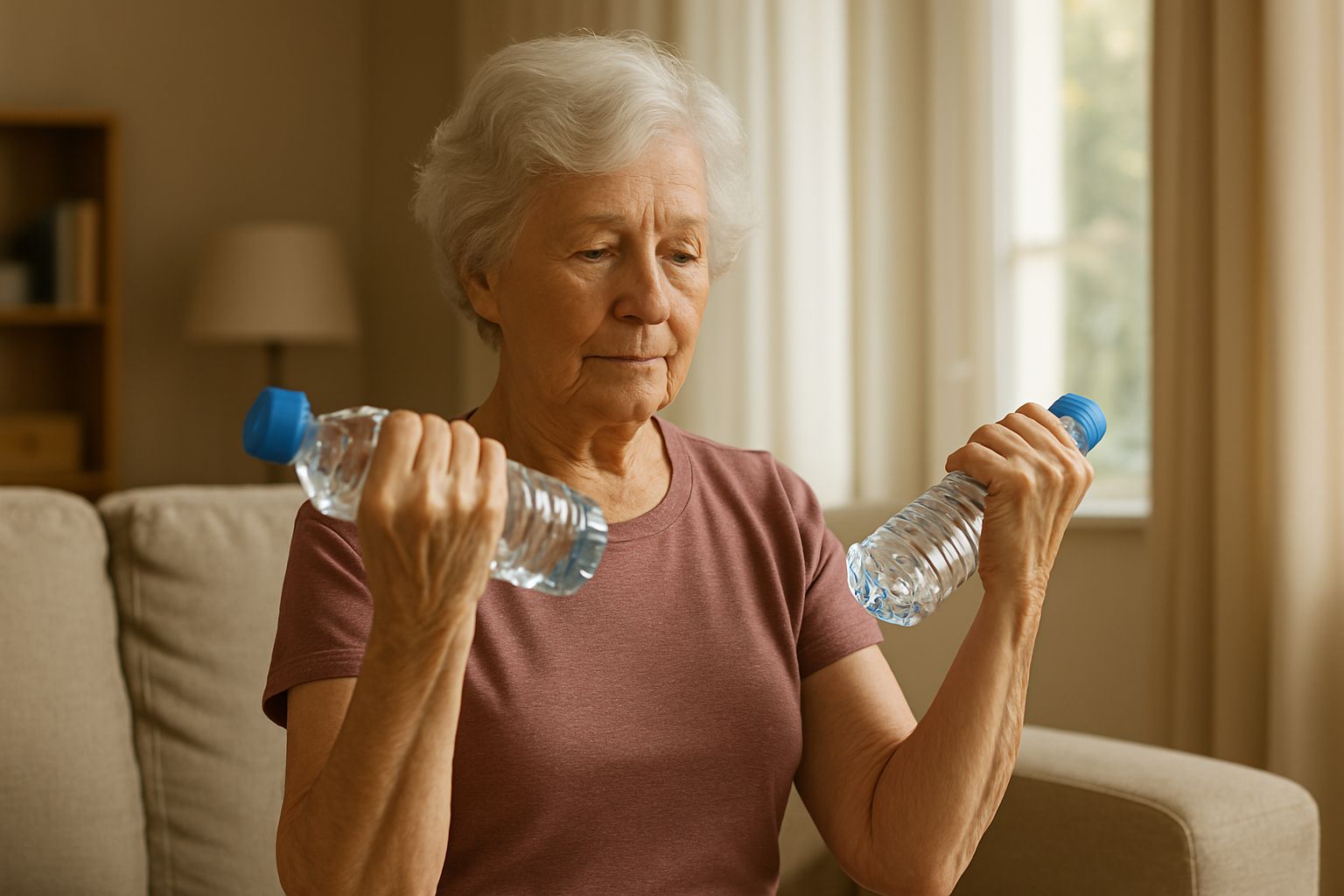 생수병을 덤벨 대신 사용하여 이두근 컬 운동을 하는 노인의 모습, 팔 근육 강화를 위한 가정용 운동법