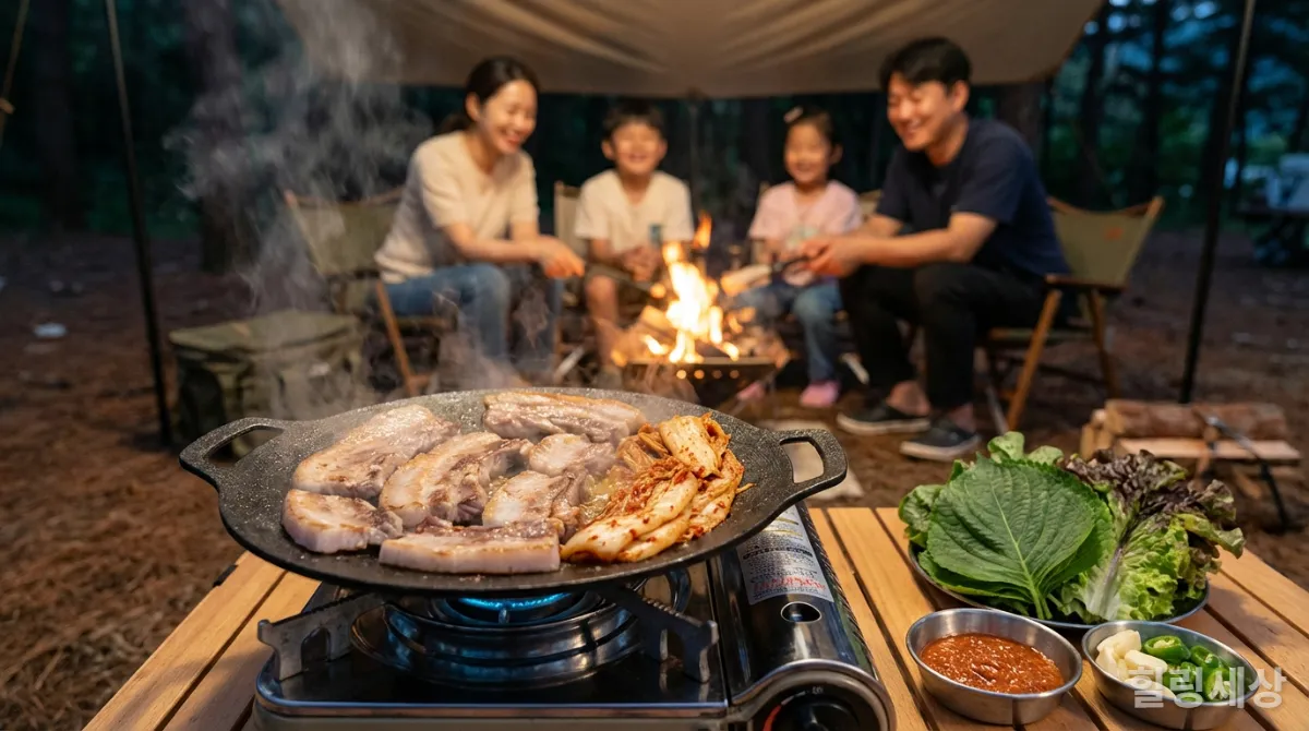 캠핑장에서 삼겹살과 김치볶음을 요리하는 모습