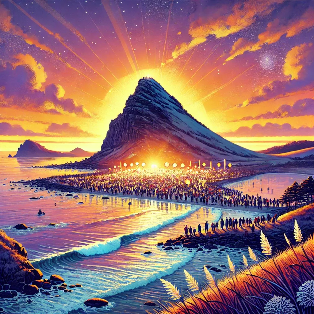 성산 일출봉에서 새해 일출을 맞이하는 사람들