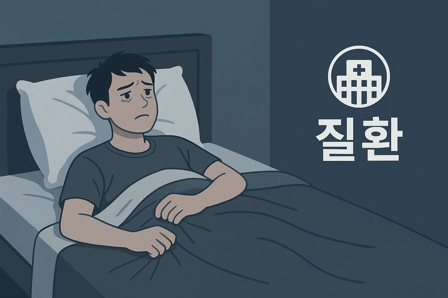 병으로 인식되지 않는 불면증을 강조하는 장면, 침대에서 뒤척이는 사람, 병원 아이콘과 함께 ‘질환’이라는 메시지