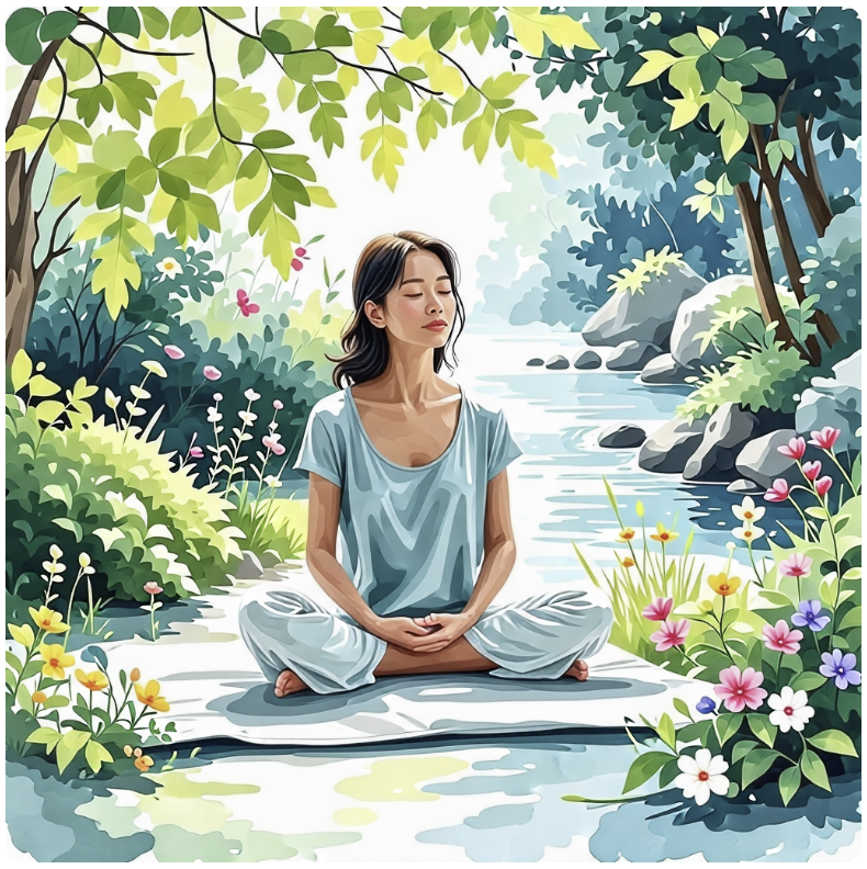 자연 속에서 마음 챙김 명상을 하는 젋은 여성의 모습이 수채화 풍으로 그려져 있다