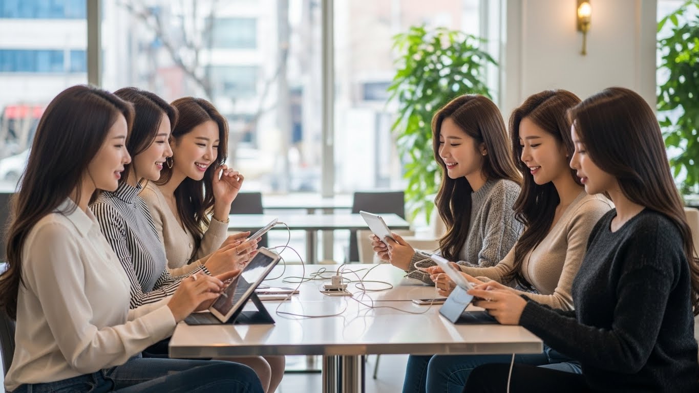 태블릿을 충전하는 여성들