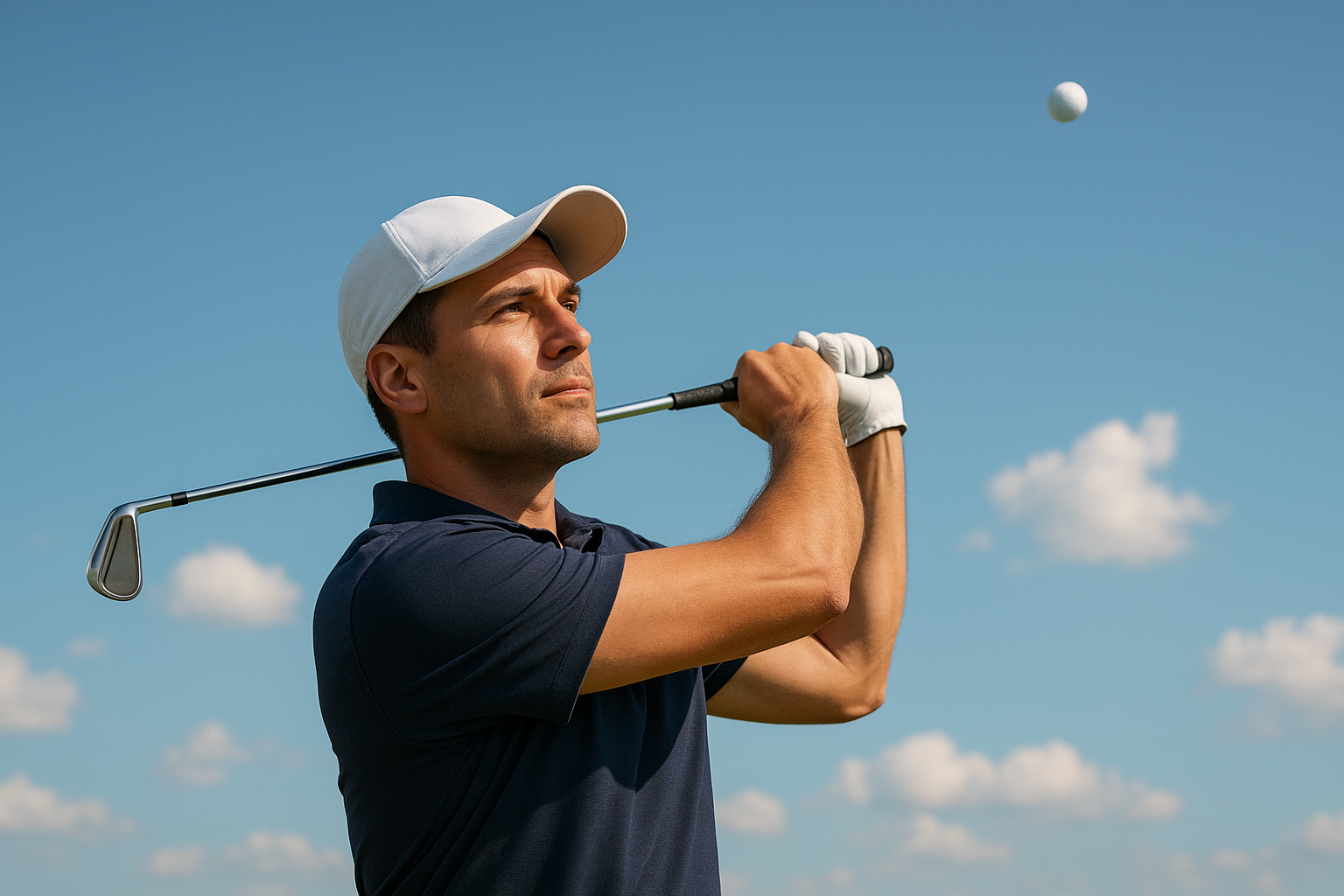 남자 골퍼 롱 아이언 타격후 날아가는 볼을 바라보는 모습