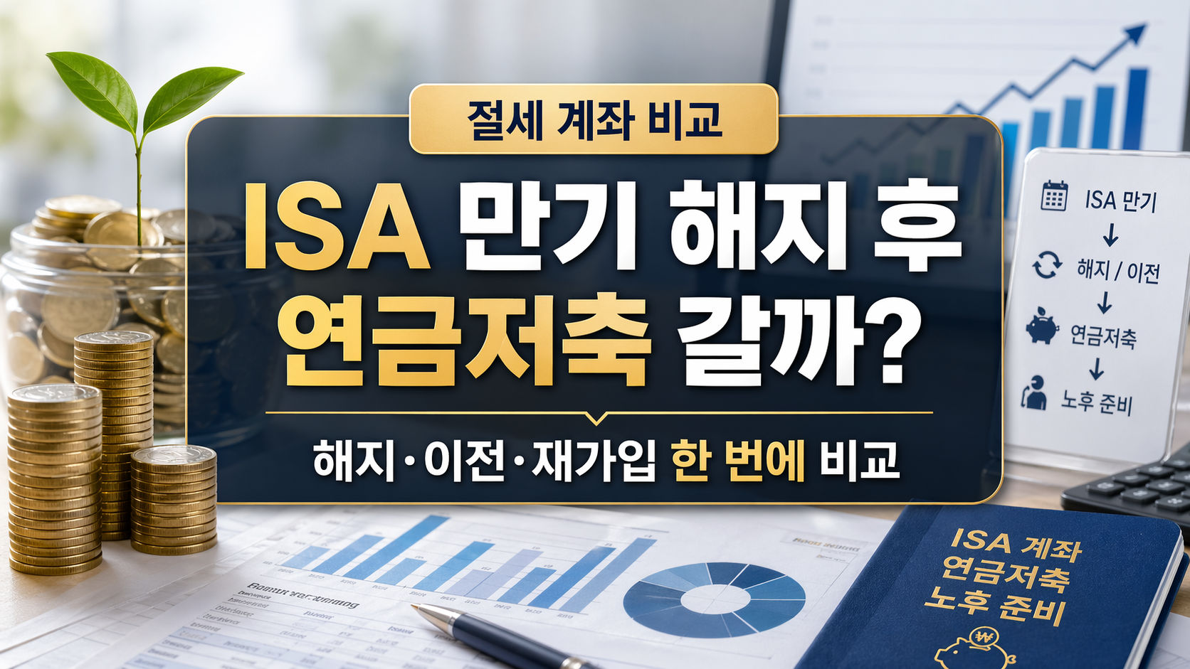 절세 계좌 비교를 주제로, 코인과 새싹, 차트 배경 위에 &lsquo;ISA 만기 해지 후 연금저축 갈까? 해지&middot;이전&middot;재가입 한 번에 비교&rsquo; 문구가 들어간 금융 블로그 썸네일 이미지