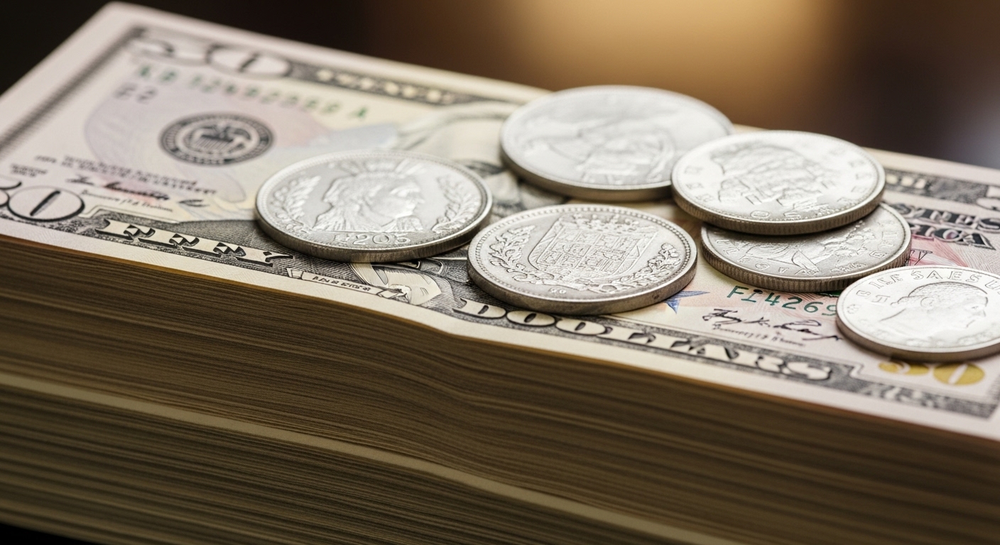 50달러 지폐 더미 위에 빛나는 은화가 놓여 있는 모습
