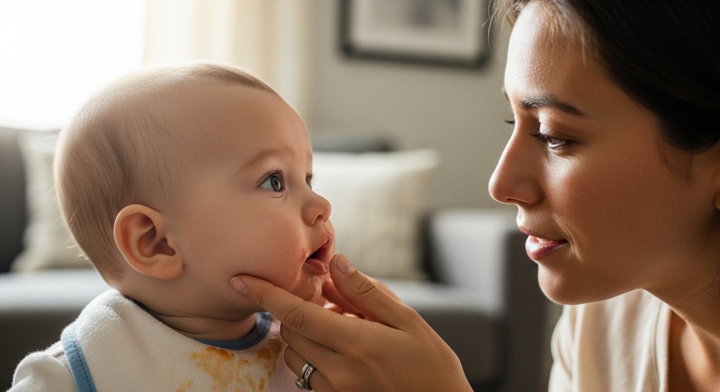 부드러운 햇살 아래, 아기가 이유식을 먹고 난 뒤 입가가 살짝 붉어진 모습을 부모가 차분하게 바라보며 손으로 살짝 어루만지는 장면. 걱정보다는 &lsquo;세심한 관찰과 배려&rsquo;의 느낌을 주는 따뜻한 감성 이미지
