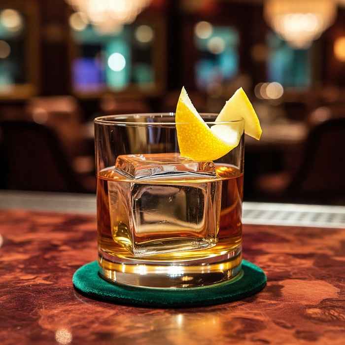 레몬 필 장식과 커다란 얼음이 돋보이는 묵직한 호박색의 몬테카를로 완성 사진