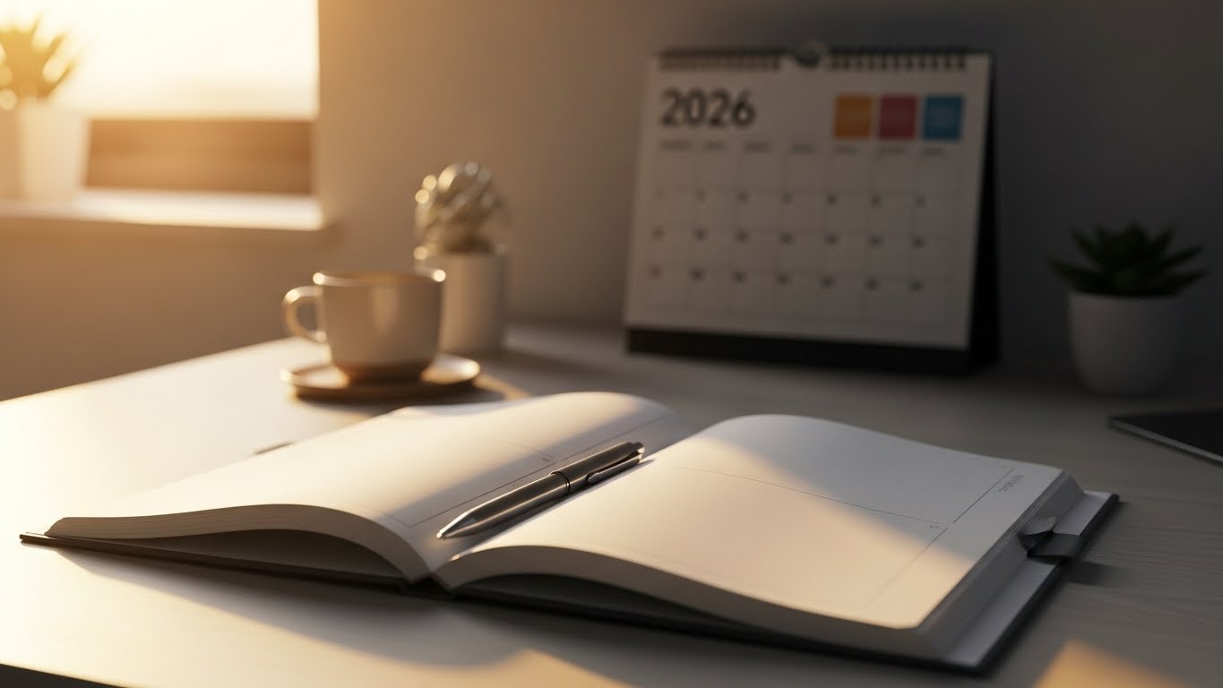새로운 2026년의 시작과 목표 달성을 위한 준비가 된 정돈된 책상의 모습