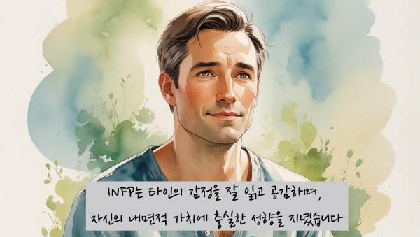 INFP는 타인의 감정을 잘 읽고 공감하며, 자신의 내면적 가치에 충실한 성향을 지녔습니당[ 관한 그림