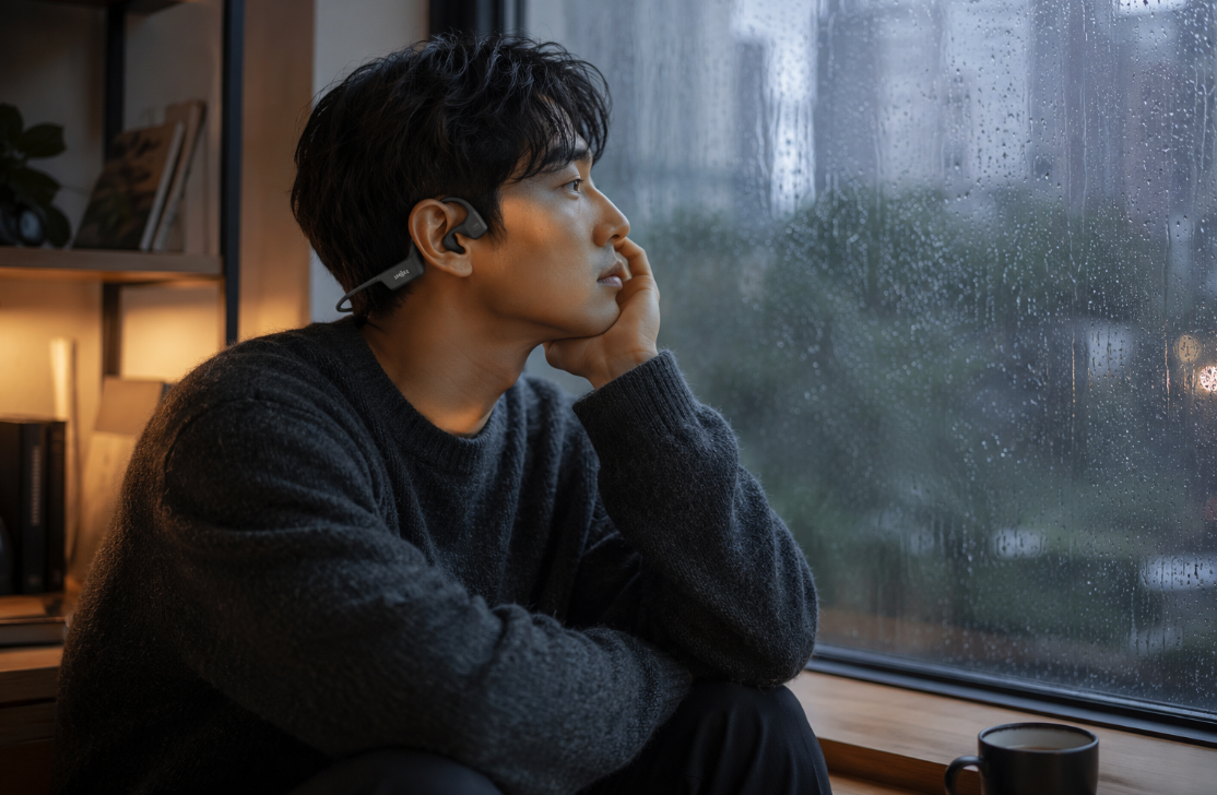 비 오는 날 창가에 앉아 골전도 이어폰을 착용하고 사색에 잠긴 사람의 감성적인 일상 라이프스타일 이미지