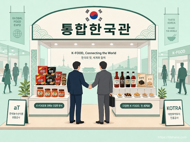 화려한 K푸드 페스티벌 부스에서 코랄 가디건을 입은 청년이 외국인 바이어들에게 한국 라면과 김치를 미소 지으며 소개하는 모습 일러스트