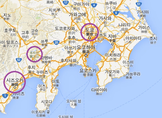 도쿄에서 시즈오카 지도 위치 표시