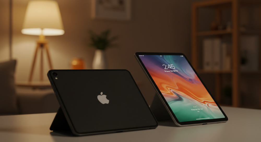 2025년형 갤럭시탭과 아이패드가 나란히 놓여있는 모습. 두 태블릿의 디자인과 혁신적인 기능이 강조된 비교 분석 이미지