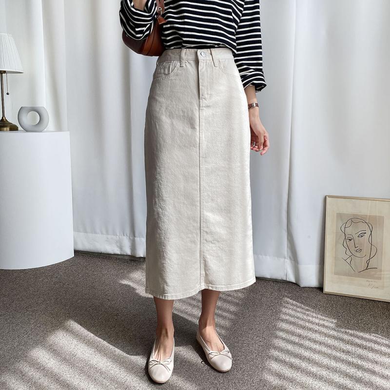 하이웨스트 일자 크림 면 데님 롱 스커트