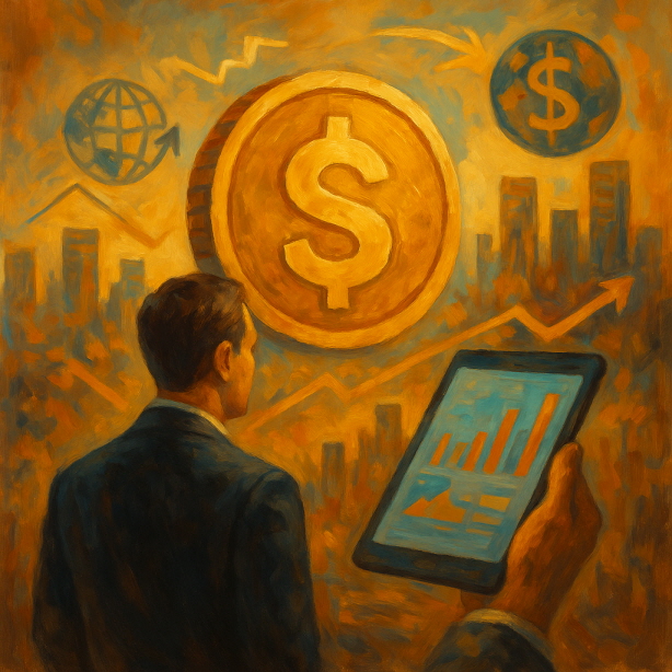 어두운 정장을 입은 남성이 안정적인 화폐를 상징하는 거대한 금화 이미지를 바라보는 전통 유화. 그의 주변에는 추상적인 화살표, 세계 통화 기호, 재무 차트를 표시하는 디지털 태블릿이 있으며, 따뜻한 색조의 도시 풍경이 배경을 이룹니다.