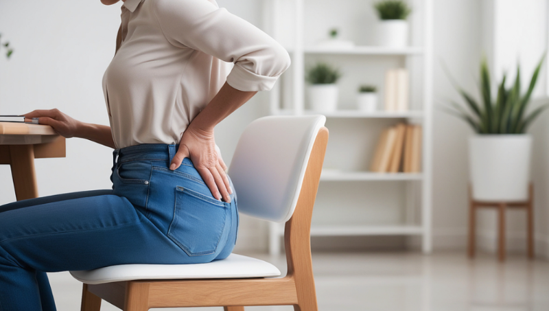 자에 앉아 허리를 짚으며 통증을 느끼는 임산부. 실내 공간에는 책장과 식물이 배경으로 배치되어 있음