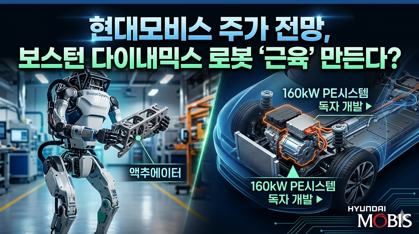 현대모비스 주가 전망 및 보스턴 다이내믹스 아틀라스 로봇 협력과 PE시스템 독자 개발 분석 썸네일 이미지입니다. 로봇 관절 부품인 액추에이터와 160kW PE시스템의 핵심 기술력이 대비되어 시선을 사로잡으며, 주요 주가 상승 호재를 한눈에 보여줍니다.
