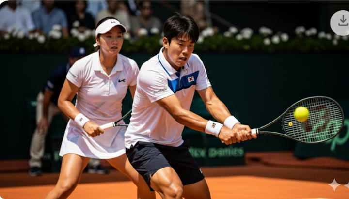 남녀 테니스 선수가 흙 코트에서 복식 경기를 하는 역동적인 모습