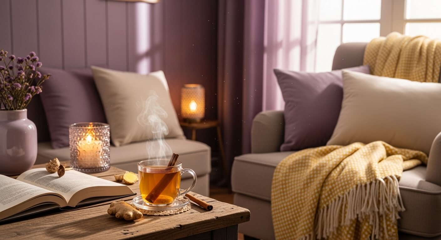 아늑한분위기의거실에 초와 김이모락차와 책이 탁자위에 있다