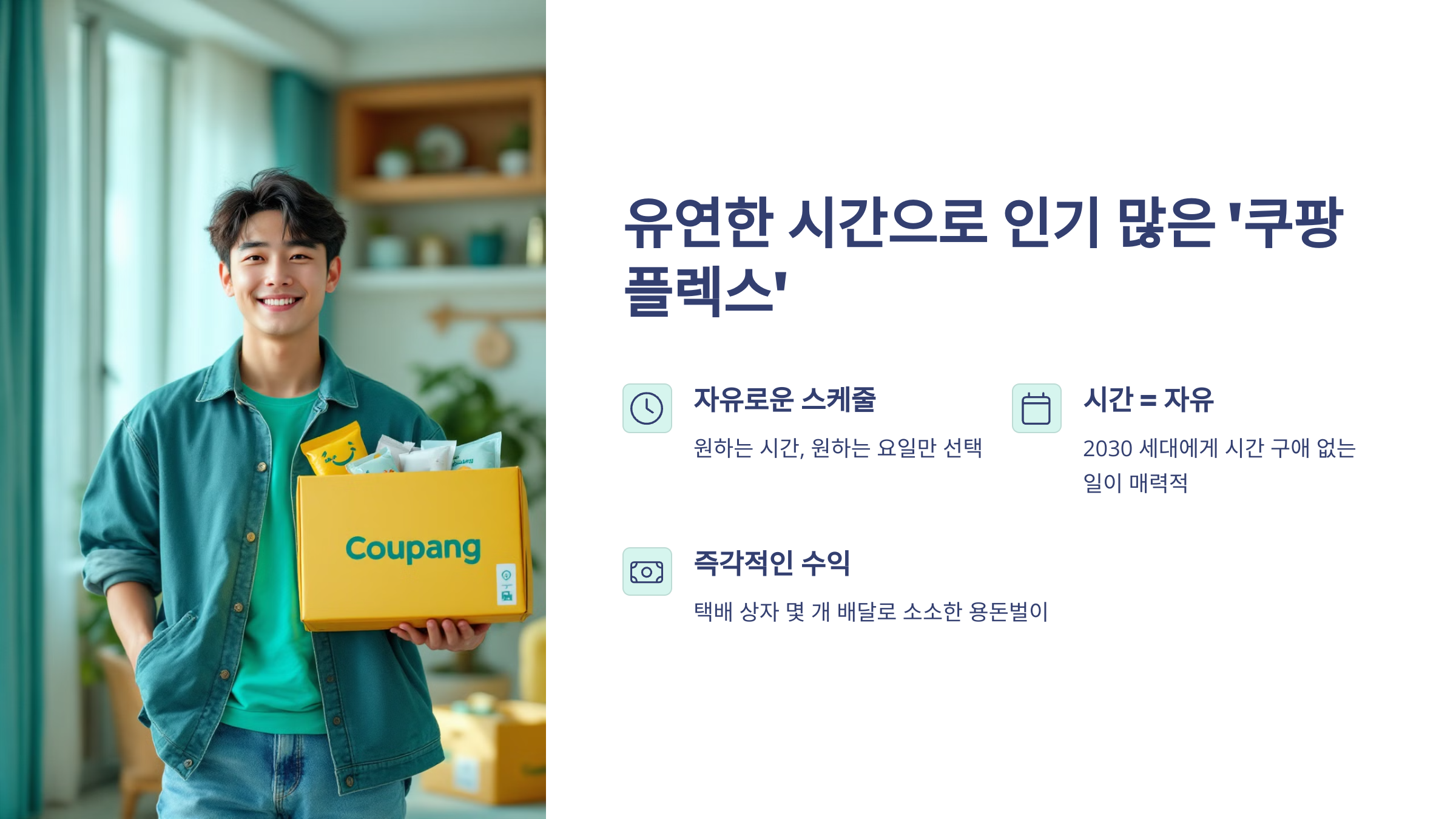 쿠팡이라고 적인 종이상자를 들고 있는 남자 20대 중반의 청년이 웃고 있는 모습