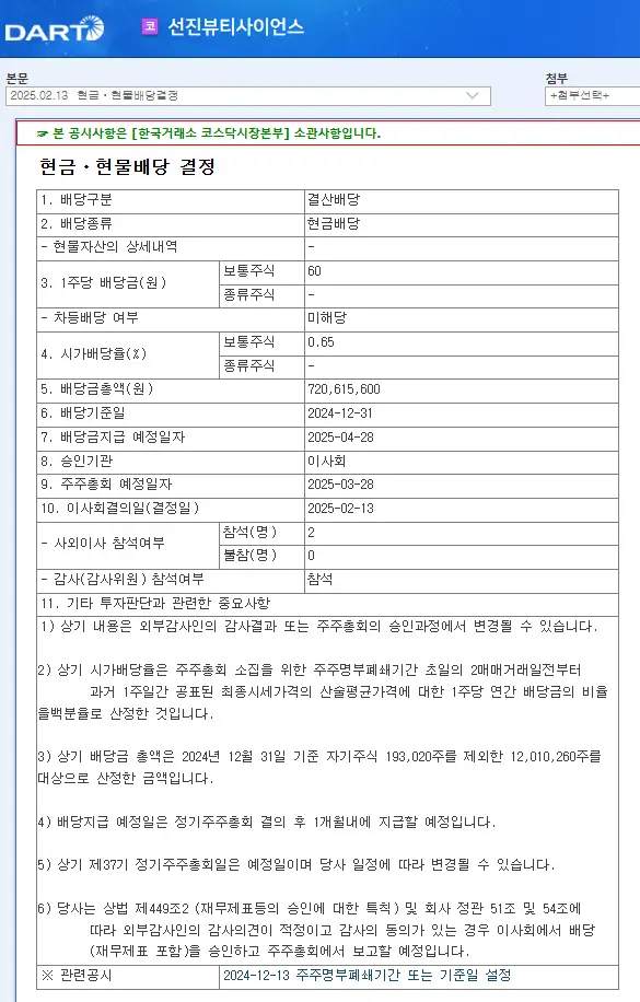 선진뷰티사이언스(086710) 2025년 배당락일