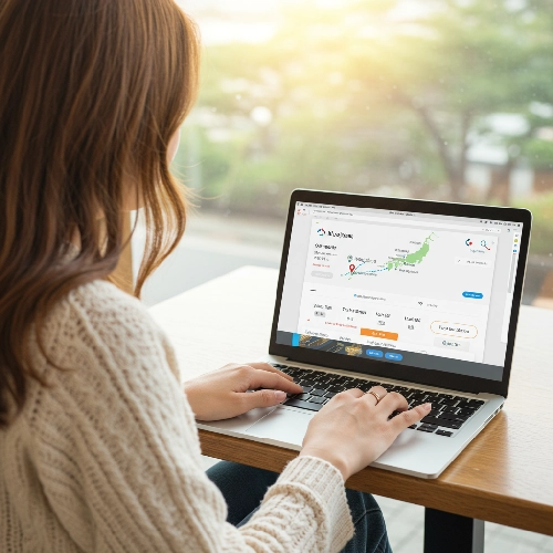 미야코지마 항공권 가격의 트랜드를 검색하는 여인의 모습