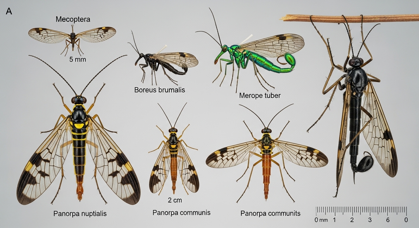 다양한 크기와 색깔의 전갈파리 종을 비교한 도감 이미지