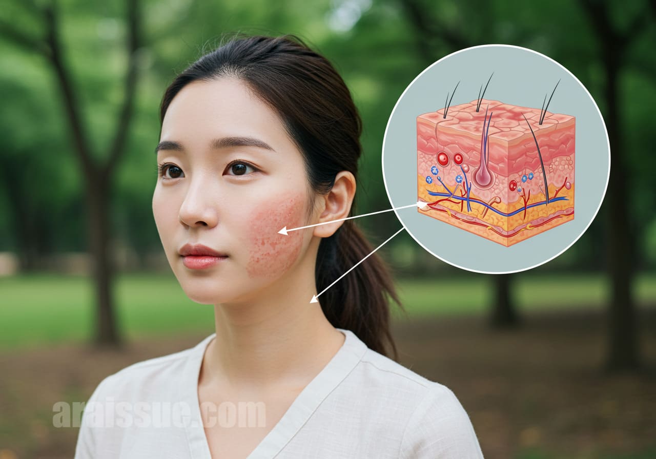 한국 여성이 팔에 아토피 피부염을 보여주고 있고, 옆에는 원형 프레임 안에 염증이 있는 피부 단면도가 확대되어 연결선으로 설명되고 있는 모습. 건강정보 시각화에 적합한 구성