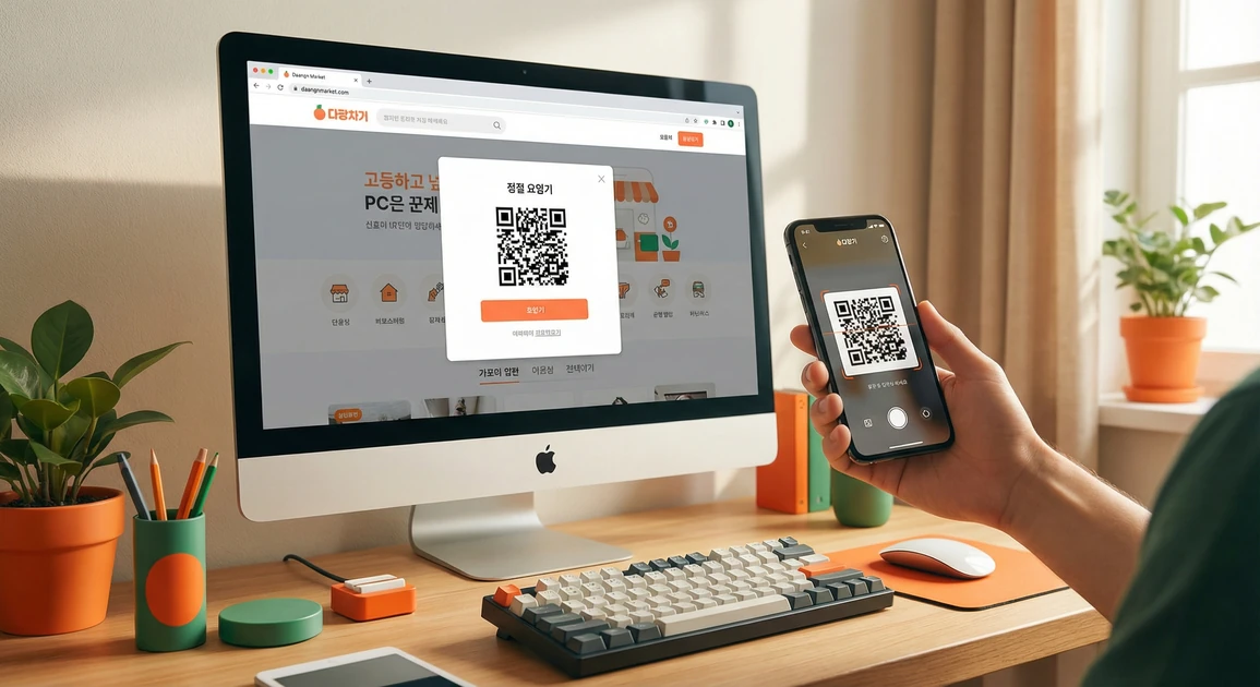당근마켓 PC 웹사이트 화면의 QR코드를 스마트폰으로 스캔하여 로그인하는 모습