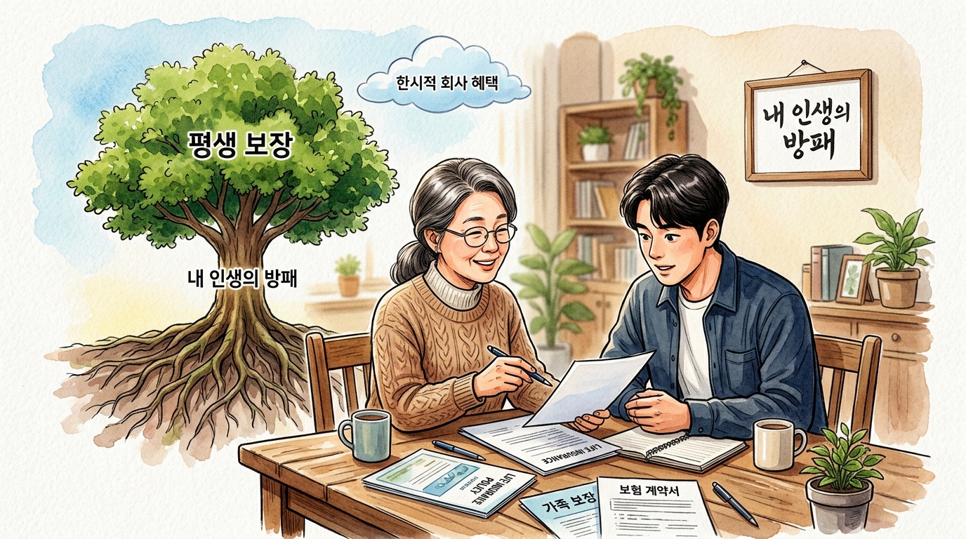 직장인 단체보험 실비 중복 가입 시 개인 실비 해지하지 말고 납입 중지 제도를 활용하여 평생의 보장 권리를 수호하여야 한다는 설명을 중년여성이 아들에게 하고 있는 모습.