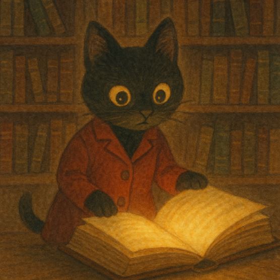 황금 빛 눈을 가진 검은 고양이가 책을 읽고 있는 장면