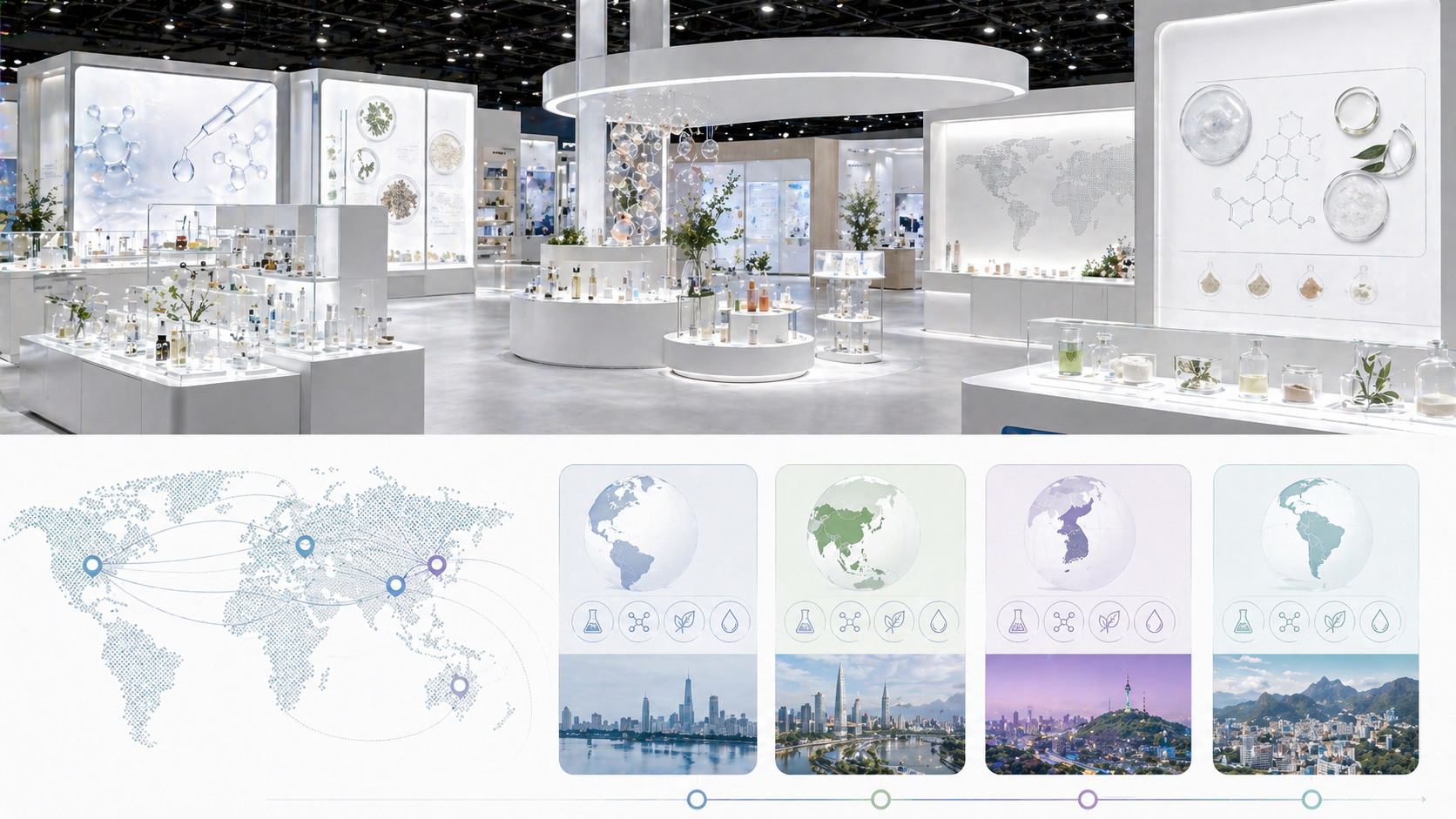 In-cosmetics Global, Korea, Asia, Latin America 전시회와 화장품 원료 트렌드 흐름을 설명하는 예시 이미지