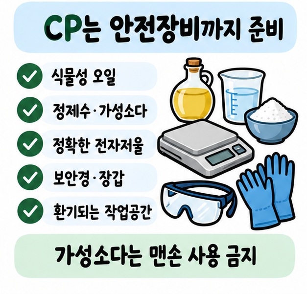 CP 비누에 필요한 식물성 오일과 가성소다, 전자저울, 보안경과 장갑 등 안전장비를 확인하는 체크리스트 카드