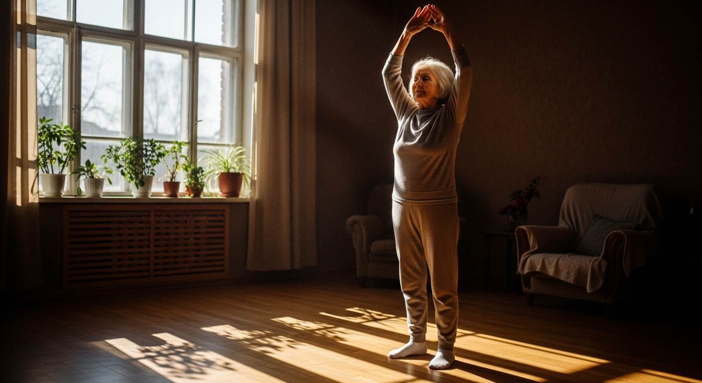 창가에서 햇빛을 받으며 가볍게 팔을 올리는 장면