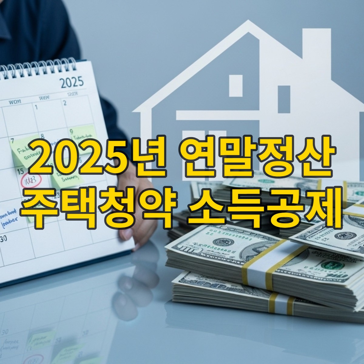2025년 달력과 돈뭉치를 보며 주택청약 소득공제를 계획하는 사람, 뒤로는 집 실루엣이 보여 절세와 내 집 마련을 상징합니다.
