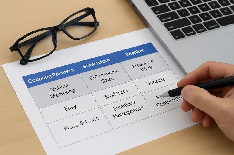 쿠팡파트너스, 스마트스토어, 위시켓을 비교하는 이미지