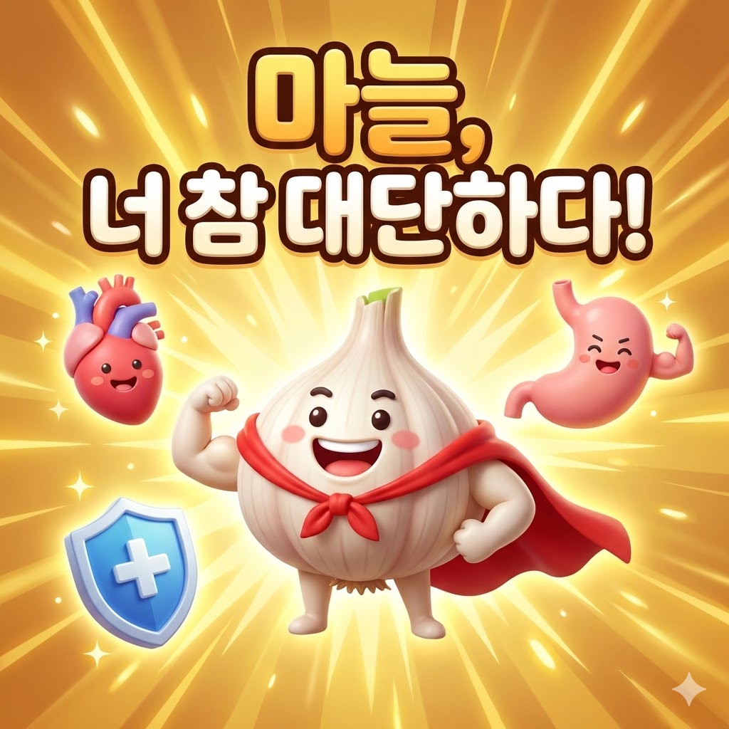슈퍼히어로처럼 건강을 지키는 귀여운 마늘 캐릭터와 활기찬 내부 장기들이 함께 있는 모습, 마늘의 놀라운 효능을 상징.