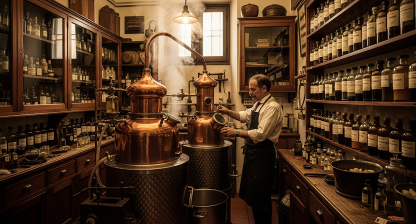 1916년 파르마의 작은 향수 공방 내부