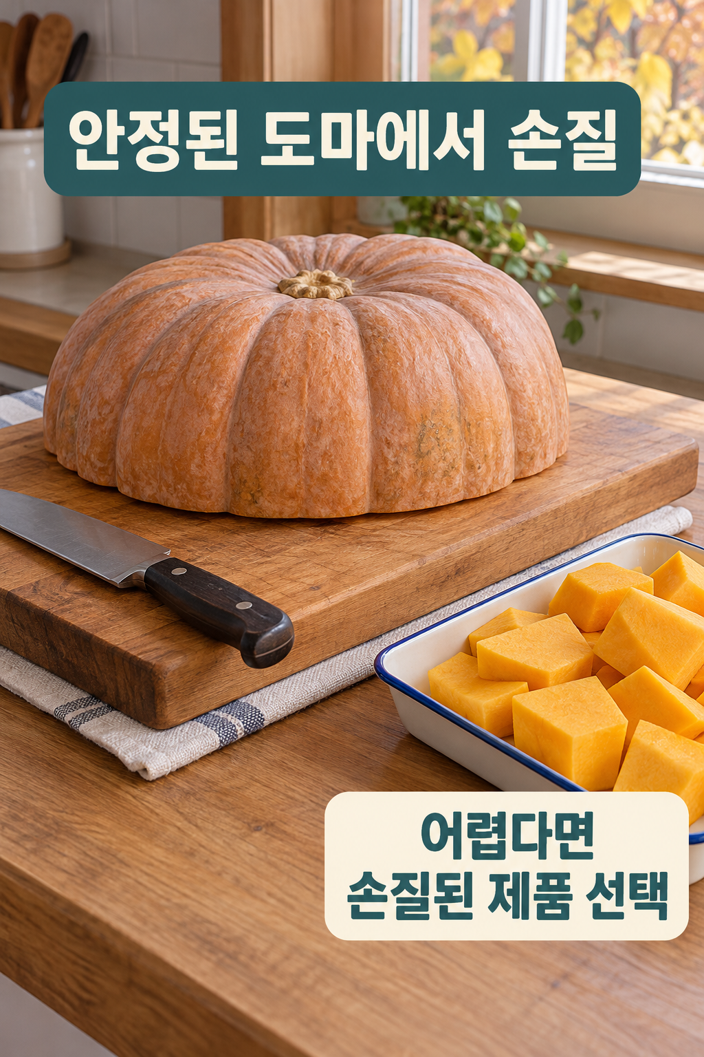이미 반으로 손질한 호박의 평평한 면을 도마에 놓고 손질품을 대안으로 준비한 장면.