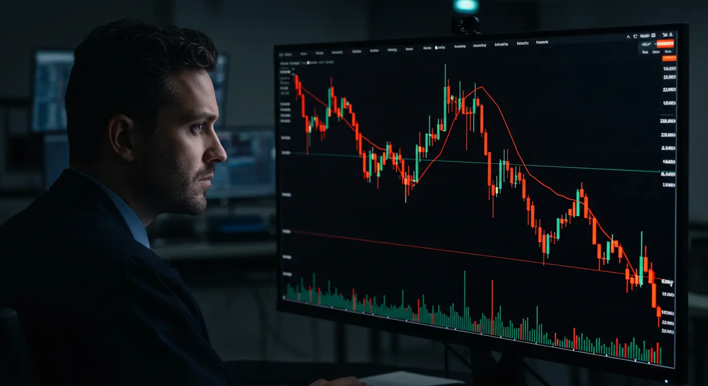 하락하는 주식 시장 그래프를 보며 심각한 표정으로 고민하는 투자자의 모습