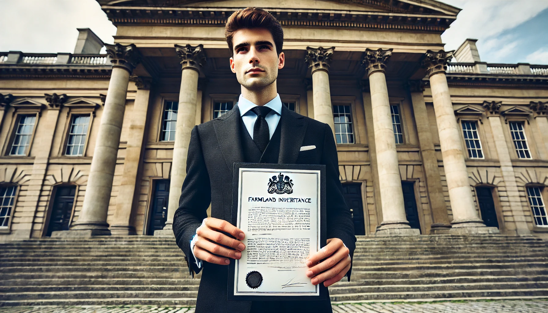 법원 앞에서 농지 상속 관련 판결문을 들고 있는 변호사 이미지